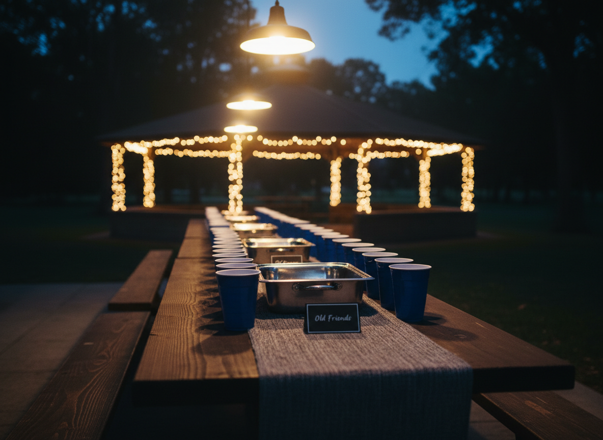 A long, dark-stained picnic table arranged for an evening class reunion, covered with a charcoal-gray table runner, deep blue plastic cups, and stainless steel serving trays labeled with small black cards that read “2011 Memories,” “Old Friends,” and “New Stories.” In the background, a shadowy park pavilion with glowing string lights fades into darkness. Soft, warm pendant-style lighting from above highlights the metallic surfaces and casts subtle reflections. Photographic realism, framed using the rule of thirds with the table leading into the distance, creating a dramatic, cinematic sense of anticipation for the MCC Class of 2011 gathering.