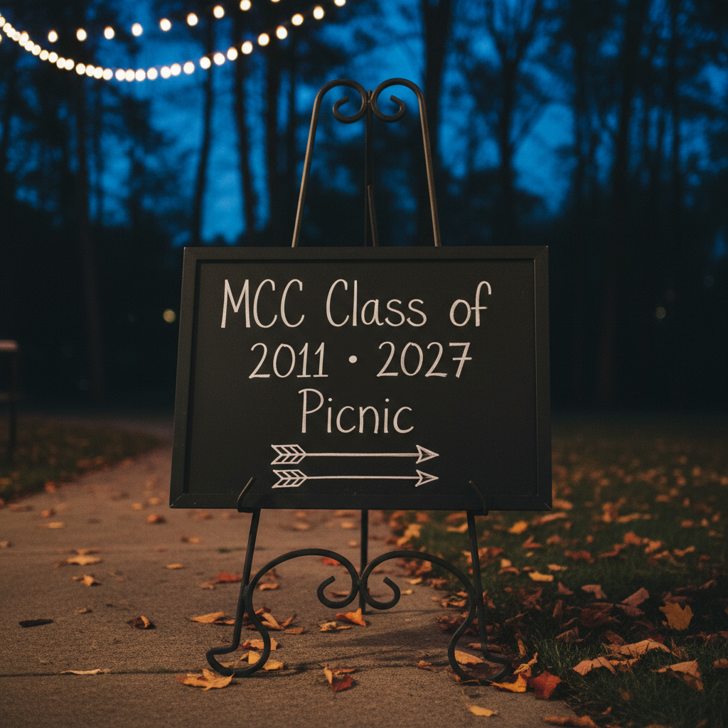 A close-up of a black chalkboard sign propped on a metal easel beside a dimly lit park pathway, hand-lettered in crisp white chalk with “MCC Class of 2011 • 2027 Picnic” and arrows pointing toward an unseen gathering area. Fallen autumn leaves and a worn concrete path surround the base, with a dark tree line fading into the background. Subtle string lights hang out of focus above, creating warm bokeh against the night sky. Photographic realism, captured at eye level with selective focus on the chalk text, producing a moody, anticipatory vibe perfect for a late-evening reunion event.