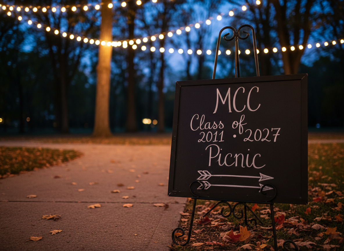 A close-up of a black chalkboard sign propped on a metal easel beside a dimly lit park pathway, hand-lettered in crisp white chalk with “MCC Class of 2011 • 2027 Picnic” and arrows pointing toward an unseen gathering area. Fallen autumn leaves and a worn concrete path surround the base, with a dark tree line fading into the background. Subtle string lights hang out of focus above, creating warm bokeh against the night sky. Photographic realism, captured at eye level with selective focus on the chalk text, producing a moody, anticipatory vibe perfect for a late-evening reunion event.