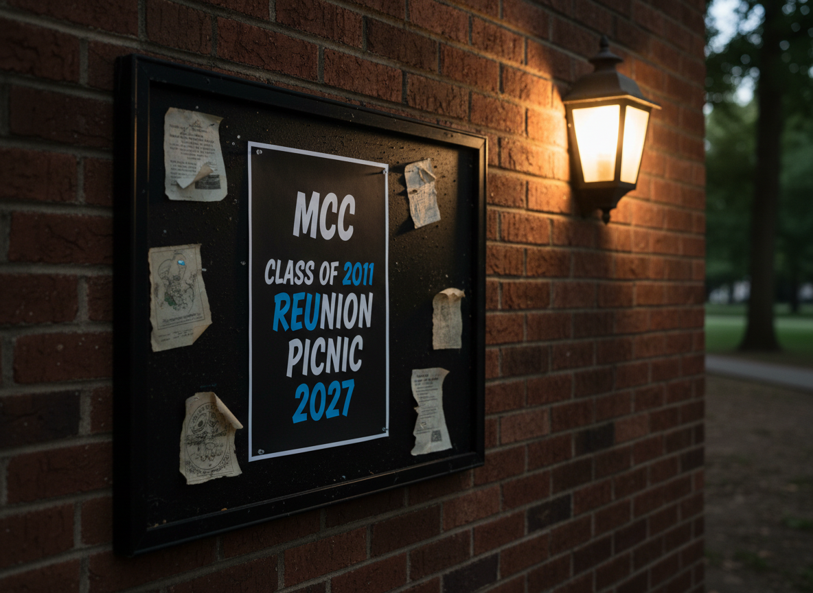 A black metal bulletin board mounted on a brick wall at the edge of a park, pinned with a single bold flyer reading “MCC Class of 2011 Reunion Picnic 2027” in white and electric-blue lettering on a matte black background. Around it are old, faded event notices peeling away, emphasizing the freshness of the new announcement. A nearby streetlamp casts a pool of warm light, creating sharp contrast and dramatic shadows on the textured brick. Photographic realism, captured from a slight side angle with medium depth of field, evoking a feeling of rediscovery and the passage of time leading up to the reunion.
