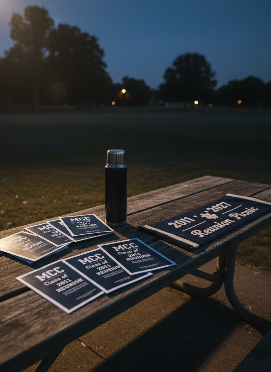 A weathered wooden picnic table in a quiet park at dusk, the surface covered with neatly stacked navy and silver MCC Class of 2011 reunion flyers, a dark metal thermos, and a single vintage letterman-style banner reading “2011 • 2027 Reunion Picnic.” The background shows shadowy trees and an empty field under a deep blue evening sky, illuminated by a few distant park lights. Soft, moody golden hour light glows from one side, casting long, dramatic shadows across the table. Photographic realism, shot from a slightly elevated angle with shallow depth of field, creating a nostalgic yet slightly edgy atmosphere that matches a dark, modern event theme.