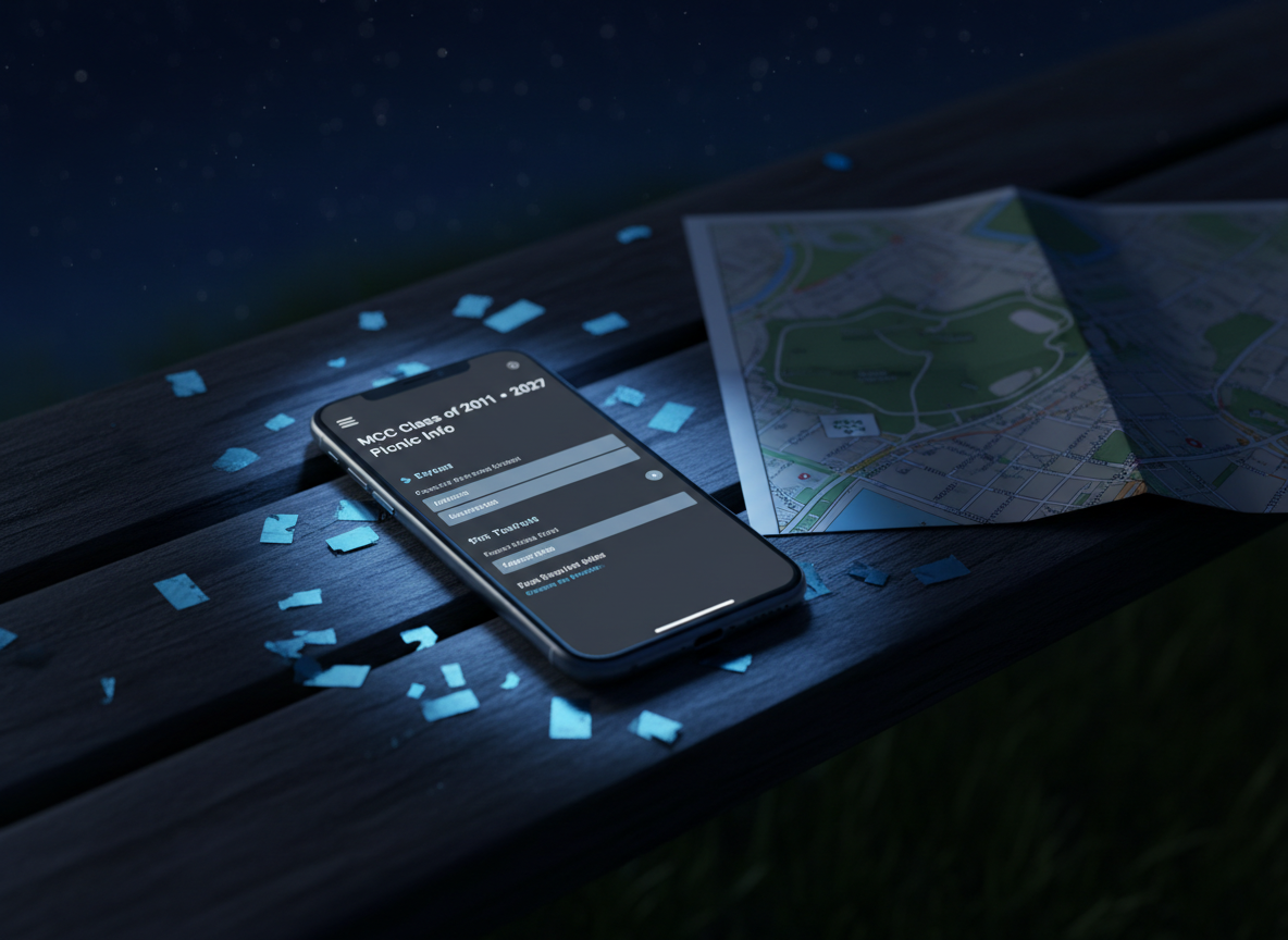 A smartphone lying on a dark wooden bench under a night sky, its screen glowing with a modern, dark-themed webpage titled “MCC Class of 2011 • 2027 Picnic Info.” Around the phone are scattered metallic-blue confetti pieces and a folded map of a local park, partially illuminated by the screen’s cool light. The rest of the bench and surrounding grass dissolve into deep shadows. Photographic realism, shot from a slightly elevated close-up angle, with the phone in sharp focus and background gently blurred, conveying a tech-savvy, slightly mysterious mood that fits a contemporary, dark-styled event site.